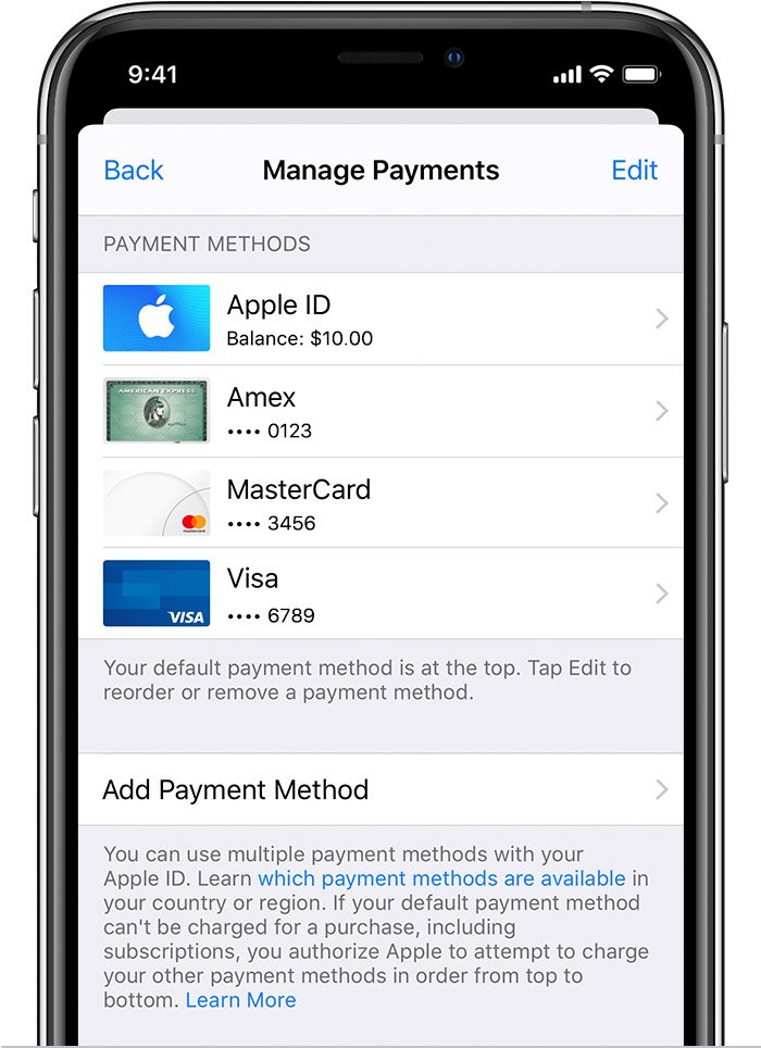 Change, add, or remove Apple ID payment methods