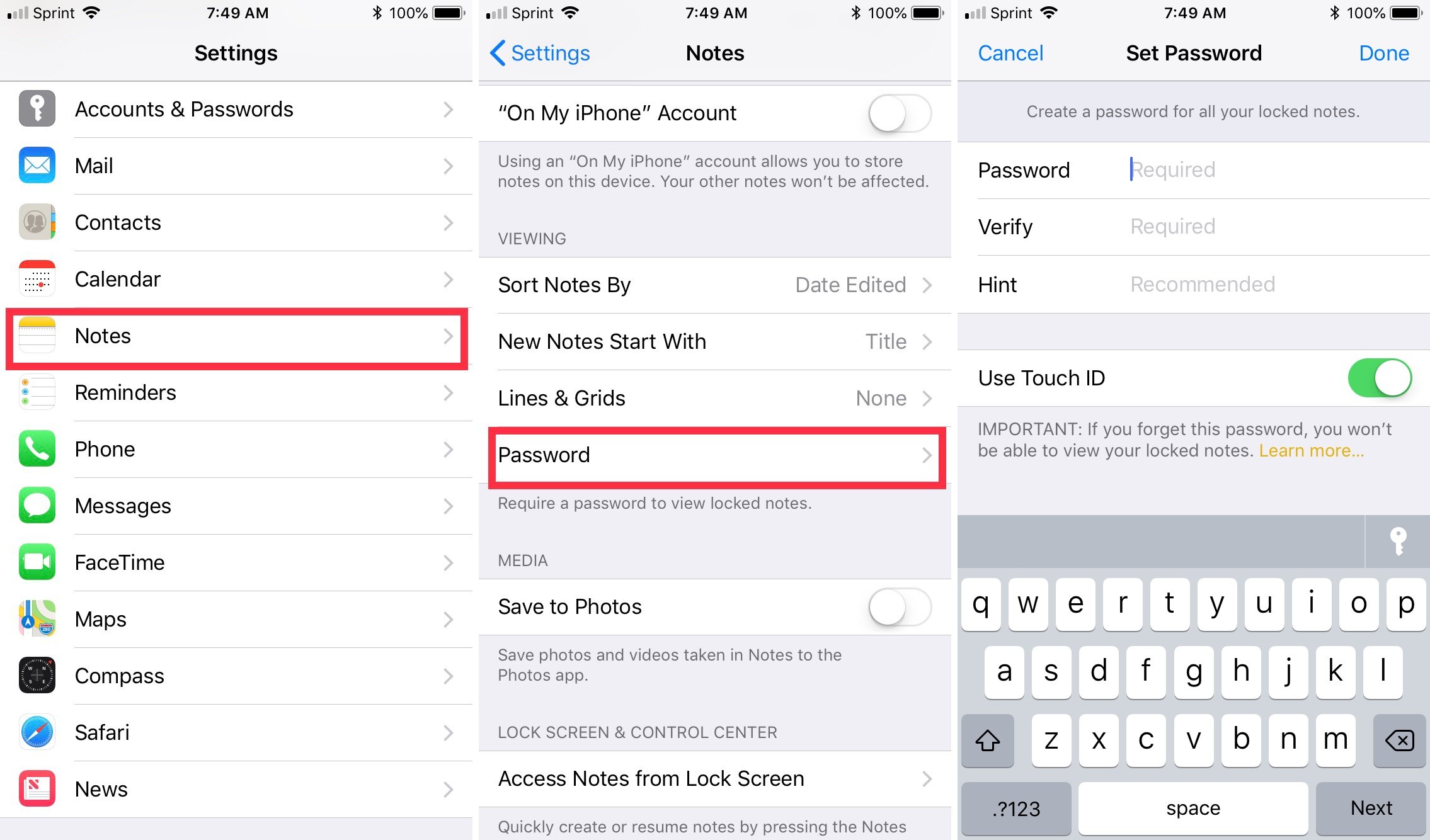 How to set up and use a password for the Notes app